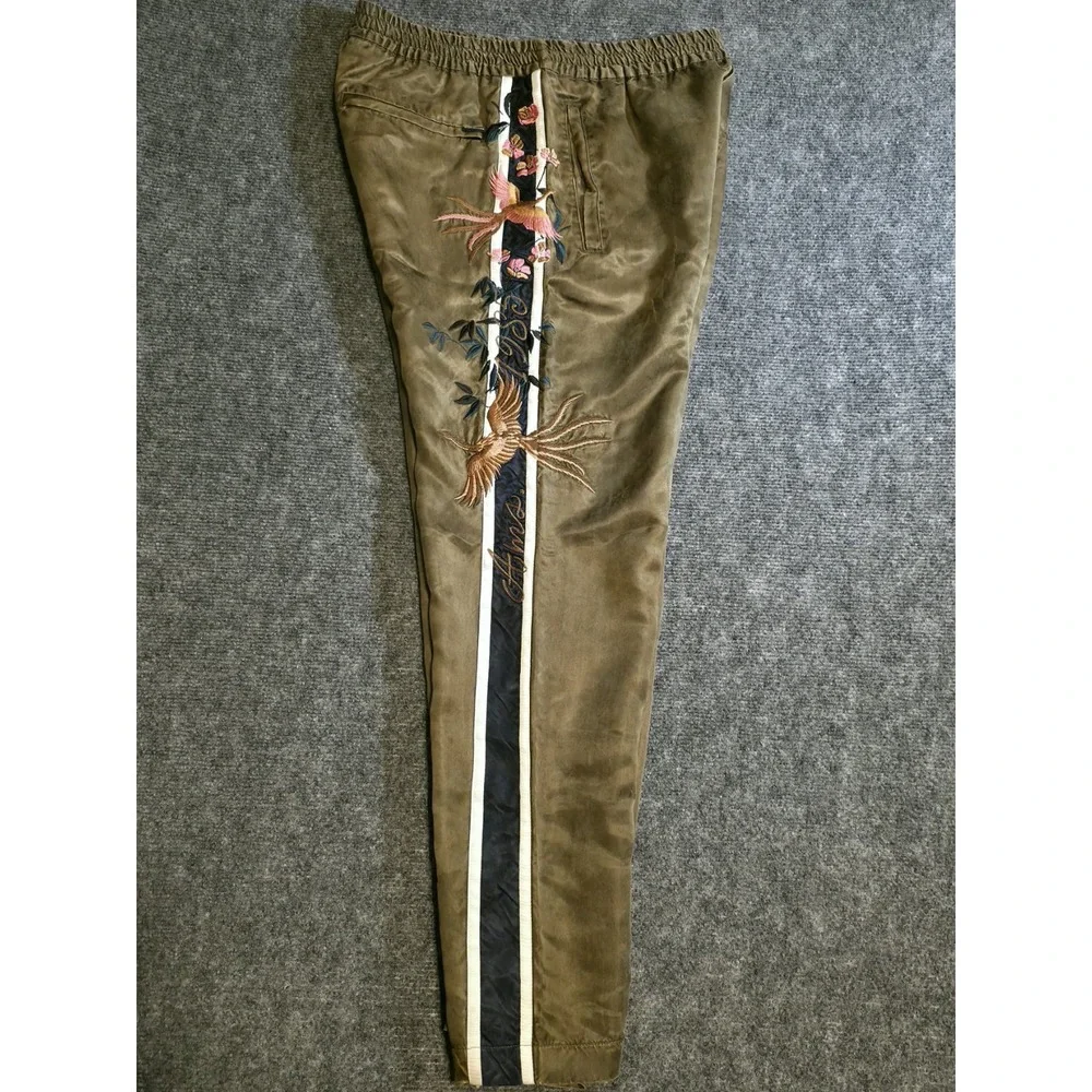 Scotch & Soda Olive Velvet Embroidered Floral Stripe Jogger Pants
